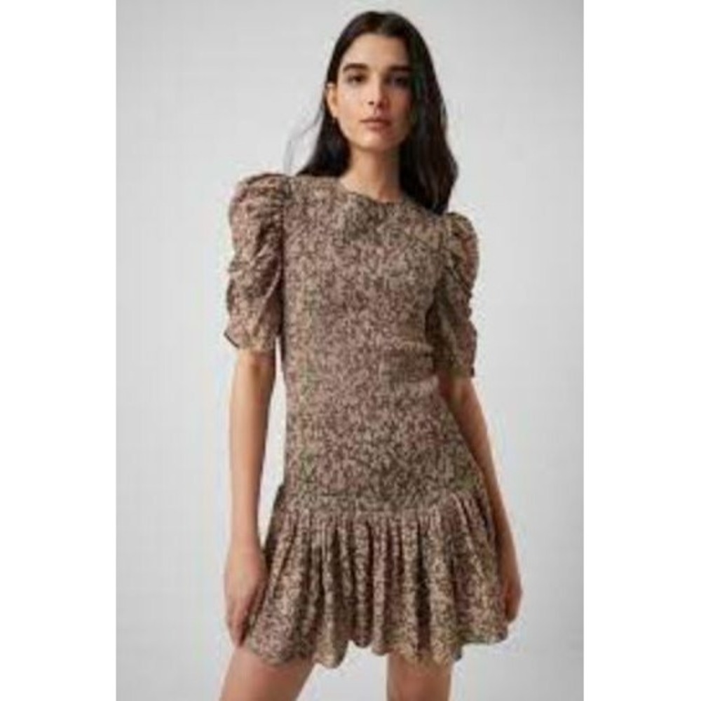French Connection Women Dress 71RAL Deep Moss Multi Floral Smocked XS New